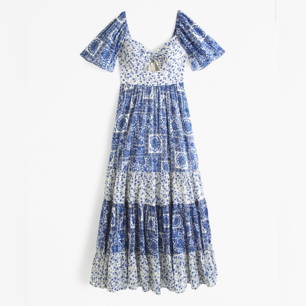 Abercrombie and Fitch Twist-Front Tiered Maxi Dress blue and white